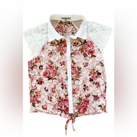 Charlotte Russe Sheer Lace Ivory w/ Roses Collar Blouse Y2K Coquette Romantic M - Picture 2 of 4
